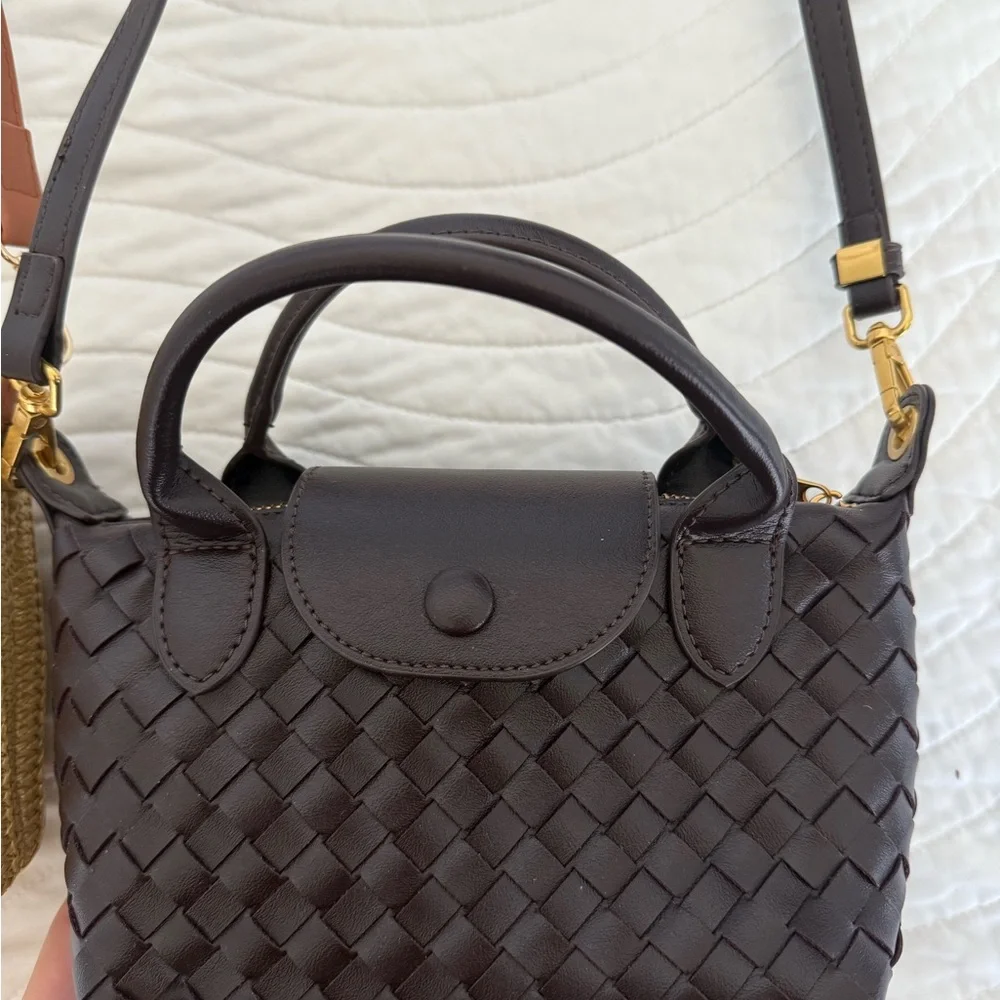 Brown Straw Crossbody Bag with Tan Leather Trim and Darker purple woven - Picture 2 of 8